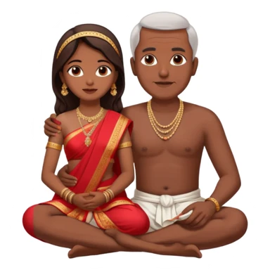 an indian bride sitting on her fathers lap. father is wearing a dhoti, shirtless and sitting on a chai sticker