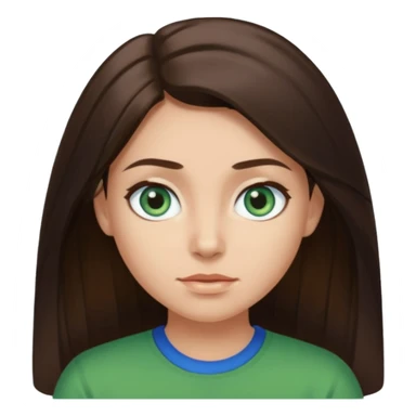 long dark brown hair with highlights in the front, big blue eyes clear skin with neck and green top on sticker