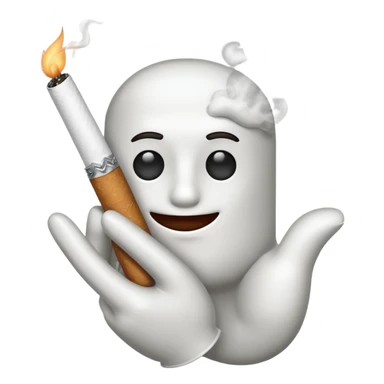 Apple emoji style cartoon white glove hand holding a cigarette with two fingers, smoke rising sticker
