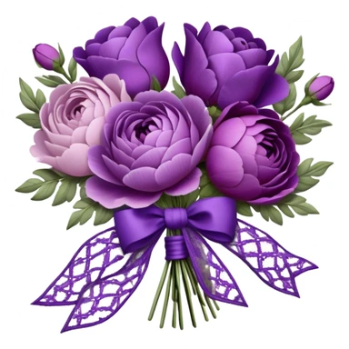 A vintage bouquet of lavender-hued peonies, deep violet roses, and soft lilac pansies, tied together with a silk ribbon in shades of plum and amethyst, rests beneath the glow of a crescent moon. Scattered around are tiny embroidered hearts on a delicate lace handkerchief, while the scent of dried lavender lingers in the cool evening air. sticker