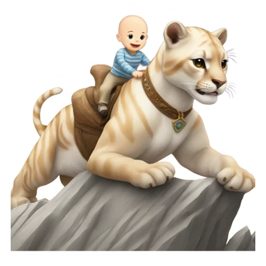 bald white baby riding on a striped mountain lion sticker