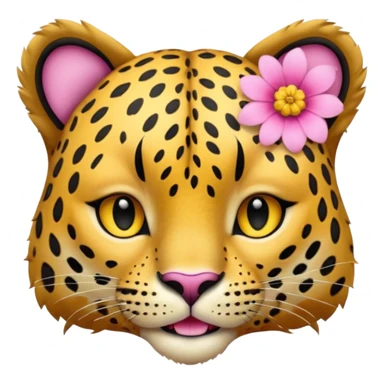 A leopard with mouth closed, A pink flower with a yellow center is tucked behind its right ear
 sticker