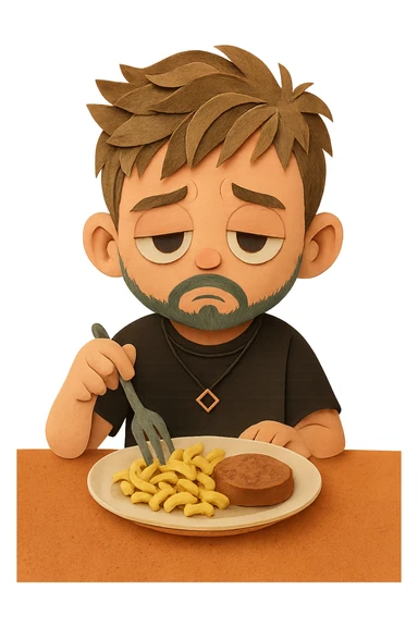 A stylized 3D child version of the person in the reference photo, around 6 years old, is sitting at a table. He looks bored, staring at a plate of macaroni and a meat patty, absentmindedly poking the macaroni with a fork. Keep the pose relaxed and the expression subtly disinterested. The style should be semi-realistic 3D, soft lighting, clean detail sticker