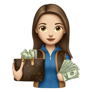 Girl with brown hair and blue eyes wearing louis vuitton bag with money sticker