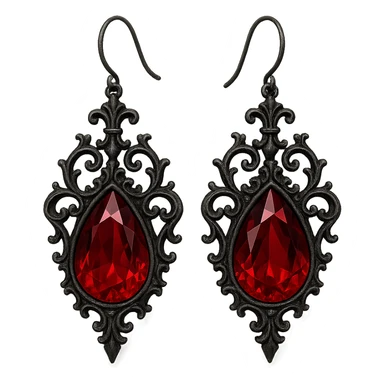 goth earrings, red gemstone teardrop, ornate black metal, romantic gothic sticker