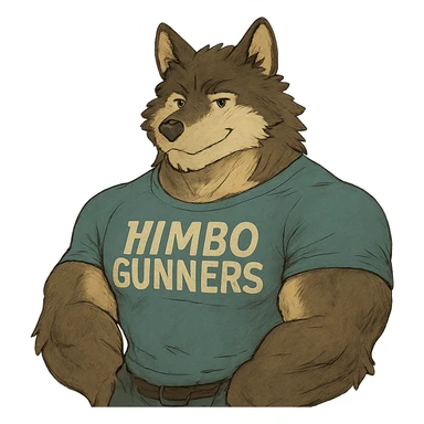 muscular wolf furry wearing a t-shirt that says 'Himbo gunners' sticker