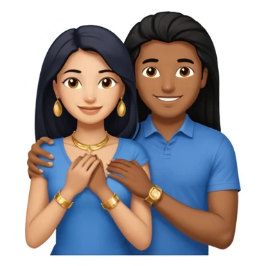 smiling embracing interracial couple from waist up. ebony woman with long hair and jewelry. brazillian man short hair wearing blue. sticker