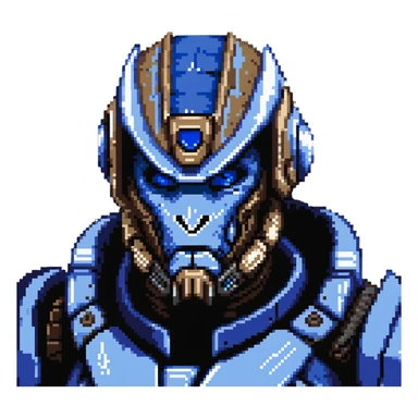 Garrus Vakarian from Mass Effect, turian with blue facial markings and targeting visor sticker