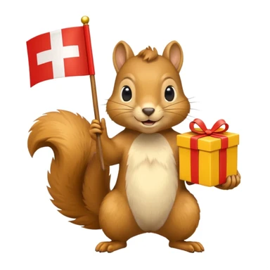 a squirrel holding a yellow gift box in one hand and a Swiss flag in the other, both objects clearly visible, simple white background sticker
