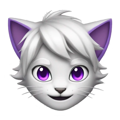 White hair catboy cat ears, purple eyes, smiling sticker