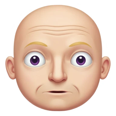 Steven Miller, bald, pronounced grimace, narrow rectangular head, bottom lip sticking out, eyelids almost closed and lower on the outside sticker