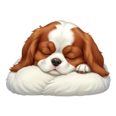 Cinematic Chubby Sleeping Cavalier King Charles Spaniel Portrait Emoji, Chubby and serene, with a round, endearing build and a plush, silky coat of rich chestnut and white, eyes gently closed in peaceful slumber, Simplified yet irresistibly endearing features, highly detailed, glowing with a gentle, dreamy glow, high shine, relaxed and content, stylized with a touch of whimsy, bright and heartwarming, soft glowing outline, capturing the essence of a blissfully sleepy companion, so comically serene it feels like it could roll out of the screen and snore with adorable charm! sticker