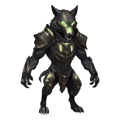Warframe-inspired wolf Warframe with sleek biomechanical armor, a snarling wolf-like helmet, glowing eyes, and clawed gauntlets. Dark metallic colors with glowing energy lines, blending feral agility and deadly stealth. sticker