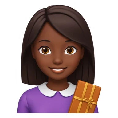 Boneca digital em estilo 3D realista e fofo, semelhante a uma boneca colecionável. Mulher jovem com pele negra, olhos castanhos escuros, cabelo liso cor chocolate, longo e bem alinhado.  sticker