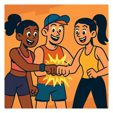 Three fit characters, cheerful, fist bumping, glowing energy, urban cartoon style, bright and vibrant colors, active fitness theme. sticker