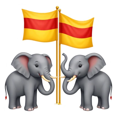 A flag with three even parts first part in red colour and second part in yellow colour and third part with red colour and two elephants in the centre part of the flag and a round shaped figure sticker