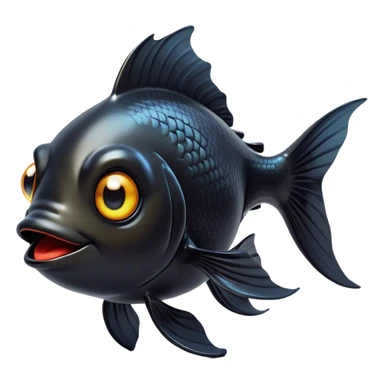 Cinematic Comical Black Goldfish Portrait Emoji, Head tilted dramatically with an exaggeratedly amused expression, featuring a striking, glossy deep black body with vibrant, fluttering fins, wide, expressive golden eyes filled with playful disbelief, Simplified yet hilariously expressive features, highly detailed, glowing with a slightly sassy glow, high shine, dramatic yet playful, stylized with an air of cheeky mischief, bright and endearing, soft glowing outline, capturing the essence of a spirited and over-the-top goldfish, so meme-worthy it feels like it could side-eye its way into internet fame instantly! sticker