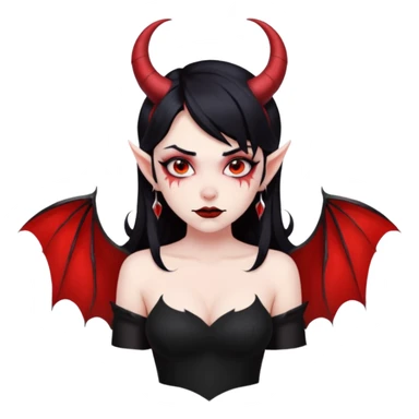 Demon girl, entire skin solid red, black hair, horns, bat wing, black dress, tattoo-flash comic. sticker