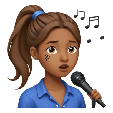 Brown skin girl with a long ponytail singing into a microphone looking sad with music notes coming out sticker