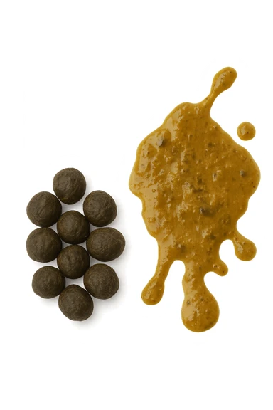 feci di animale a palline viste dall'alto e feci di animale liquide e gialline viste dall'alto, iperrealistico 4k sticker