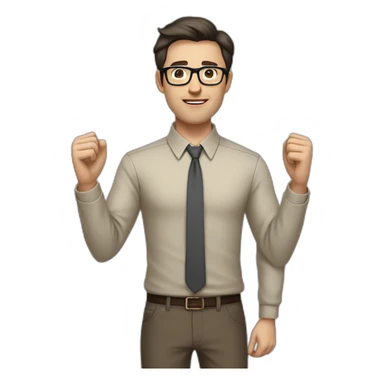 Full height Actively gesturing with hands Pale skinned fit man with dark brown hair in gray jacket, beige office shirt, brown tie, brown pants and vintage glasses. sticker