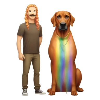 white male with long rainbow colored hair and curled mustache standing alongside a brown rhodesian ridgeback dog sticker