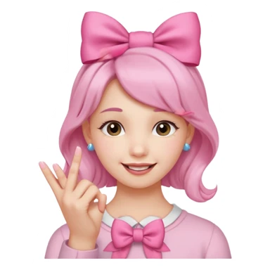 Chica sonriendo con un lazo rosa en la cabeza y mordiendose la punta del dedo indice con delicadeza y la otra mano que no salga sticker