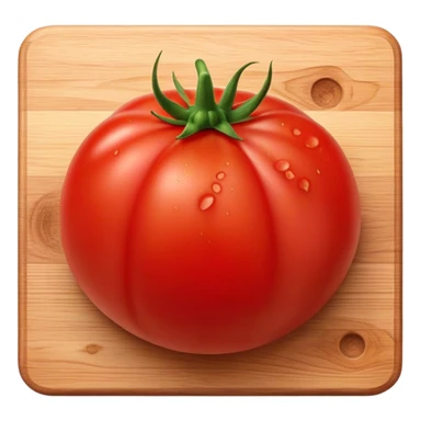 Cinematic juicy ripe tomatoe, deep red, slightly dewy, arranged on a wooden cutting board, soft glowing background, rich and flavorful. sticker