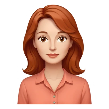 Middle-aged woman with elongated face, gentle structure, prominent cheekbones, warm expression, medium almond dark eyes, softly arched eyebrows, straight slender nose, friendly defined lips, reddish wavy hair with volume, wearing a coral-colored artistic-cut comfortable shirt sticker