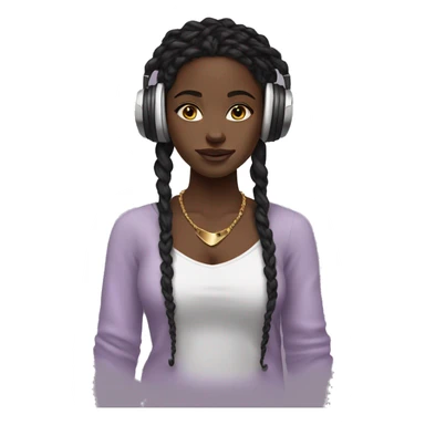 African girl. Black long twists. Wearing white headphones. Listening to music. Wearing a light purple v neck top. Gold Jewelry. Makeup. Blush. sticker