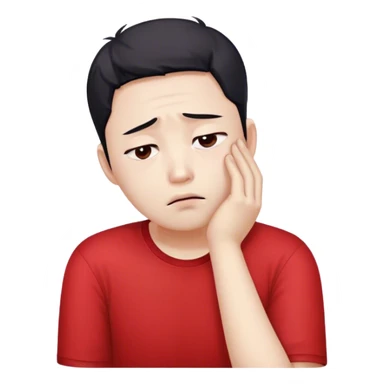 A worried white skin Korean man in a red shirt, resting his head on one hand sticker