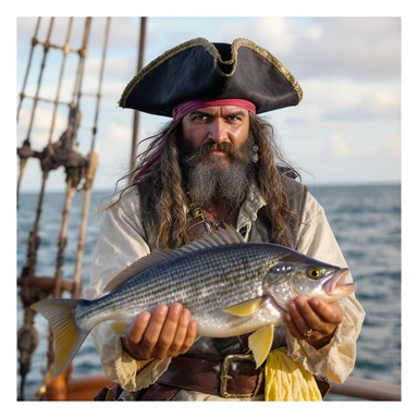 realistic pirate with a weathered face, holding a large fish, natural colors, high detail sticker