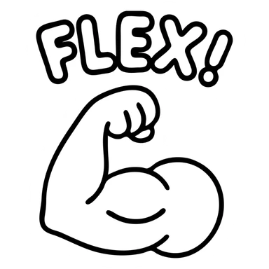 cartoon flexing bicep with ‘FLEX!’ above it in chunky, playful letters, strong black outline, simple color palette, designed for chat emoji use sticker