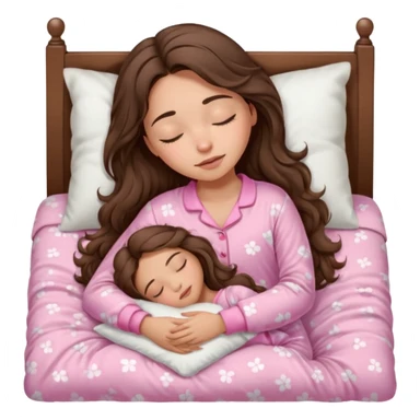 Brunette girl with long wavy brown hair with brown eyes and sleeping on a withe bed with cute pink pjs (just one girl) and with closed eyes sticker