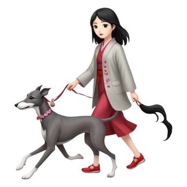 Japanese girl with flowing hair walking a solid grey greyhound with cherry blossoms in the background sticker