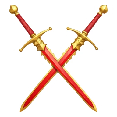 Two crossed swords that are golden in blade and handle and have fiery and royal appearence to them as well as red gem stones yellow in color sticker