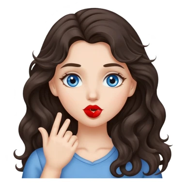 A girl with long, dark brown, wavy hair, grey-blue eyes, Sends a kiss sticker