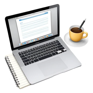 top view of a MacBook, open notebook with notes, and pen beside them sticker