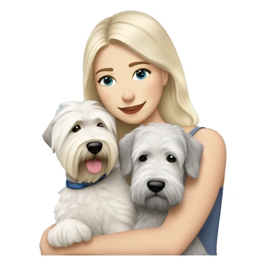 pretty woman blonde hair blue eyes hugging a white and gray soft coated wheaten terrier dog sticker