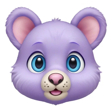 A creature with pastel purple fur and large pixar blue eyes and small ears like a teddy bear. The nose is very small and pink. The base around the eyes, nose and mouth is white, with a blush. sticker