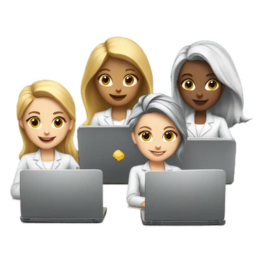 team of 6 white skin girls with laptops of Learning and Development in company sticker
