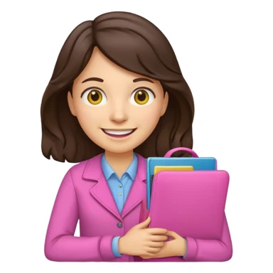 Teacher emoji but : wavy dark brown hair, light western skin, no glasses, dark eyes, with a computer folder in the hand (color is yellow), being a teacher, wearing pink backpack, smile with teeth





 sticker