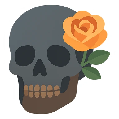 A dark, grey skull with sharp, angular features and a mysterious, haunting aura, featuring a rose delicately placed in one of its hollow eye sockets. The skull is in shades of grey, accented with soft tones of golden orange (FA9B41), forest green (4A7C5C), muted taupe brown (96775A), and pastel peach (FFCC9A). The rose, vibrant in its peach and orange hues, contrasts with the cold, eerie grey of the skull, its petals unfurling gently around the eye socket. The background is dim and shadowy, with a faint, mystical glow illuminating the skull and rose, adding to the gothic and slightly surreal atmosphere. The scene feels both haunting and beautiful, with a touch of elegance. sticker
