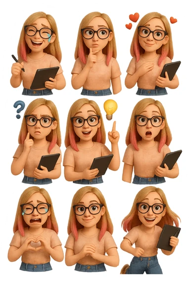 «Создай набор из 12 наклеек в стиле 3D cartoon  женского персонажа (30 лет выглядит моложе)  с прямыми светло русыми волосами до лопаток, яркие розовые пряди в волосах), светлой кожей, большими выразительными голубыми глазами, черные очки для зрения формы кошачий глаз, нос чуть с горбинкой.
Персонаж должен носить пастельную розово-бежевую тай дай футболку, голубые джинсы фасона мом, персонаж должен иметь разные выражения: смех до слез, задумчивость, влюбленность (с сердцами вокруг головы), злость с паром из носа, растерянность (со знаком вопроса), наличие идеи (с зажженной лампочкой), плач со слезами из глаз, удивление с открытым ртом, улыбка и  подмигивание, знак мира рукой, создание сердца руками, бегство со всех ног. Размер картинки не ограниченный, чтобы все наклейки вместились без обрезки. Стиль мультяшный  DreamWorks, мягкий свет, прозрачный фон, и добавь персонажу в руки графический планшет следи чтобы выглядело органично, красиво, не нарушая законы природы и физики, можешь добавить в другую руку перо от графического планшета, если это будет позволять смысл стикера» sticker