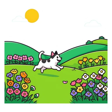 dog chasing cat in a sunny meadow with flowers sticker