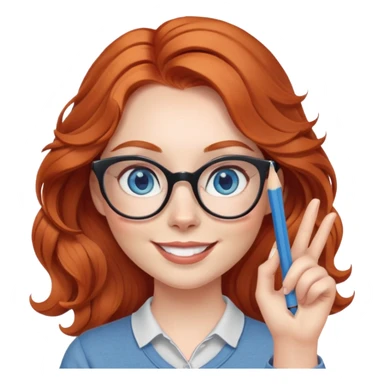 redheaded woman with long wavy hair, blue eyes, cat-eye glasses, casual outfit, holding a pencil, smiling, waving sticker