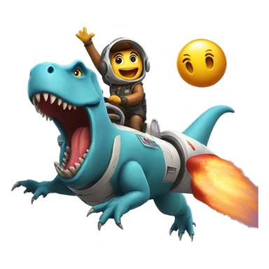 Trex riding rocketship while using a game sticker