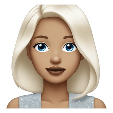 Girl medium length white straight hair, blue eyes, light pink beige glittery lips sticker