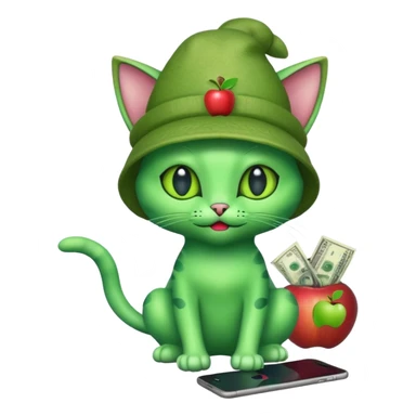 An alien cat with an apple hat with cash all around it sticker