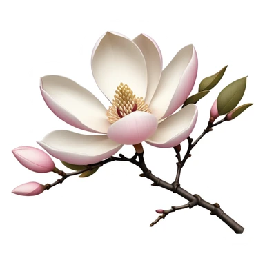 Japanese style Magnolia kobus (kobushi) flower in ukiyo-e inspired design, elegant white petals with subtle pink tinge, bare branches, traditional composition like Japanese woodblock prints sticker